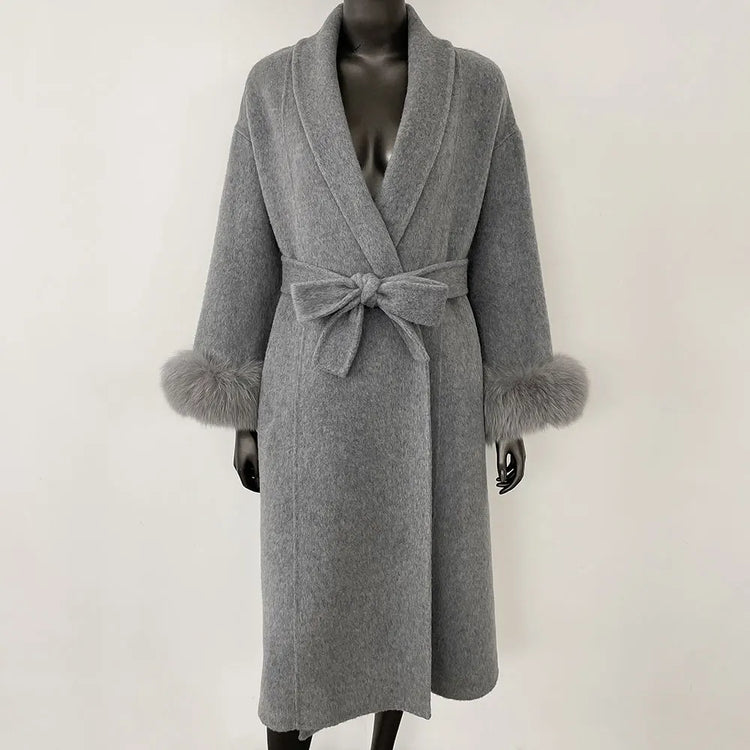 Elegant OL Office Lady Overcoats Fur Patchwork Long Sleeve Woolen Coat Beautiful Women's Clothing Jacket Autumn 2025 Spring