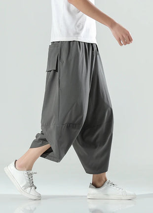 Pantaloncini Estivi da Uomo Stile Cinese Harajuku, Pantaloni Harem Oversize, Pantaloni Vintage Traspiranti a Tinta Unita, Lunghezza al Polpaccio