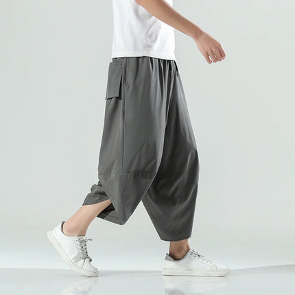 Pantaloncini Estivi da Uomo Stile Cinese Harajuku, Pantaloni Harem Oversize, Pantaloni Vintage Traspiranti a Tinta Unita, Lunghezza al Polpaccio