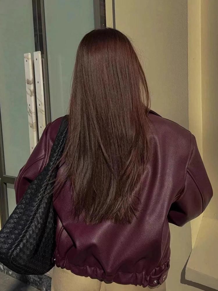 2025 New Fashion PU Leater Loose Jacket Women Autumn Lapel Zipper Long Sleeve Outerwears Streetwear Burgundy Female Bomber Coats