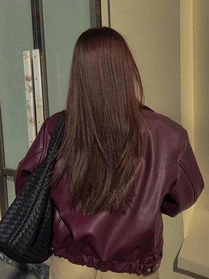 2025 New Fashion PU Leater Loose Jacket Women Autumn Lapel Zipper Long Sleeve Outerwears Streetwear Burgundy Female Bomber Coats