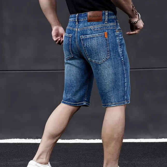 Wthinlee Jeans de hombre, estilo informal de negocios, elásticos, modernos, clásicos, color azul y negro, pantalones cortos vaqueros de verano para hombre, hasta la rodilla