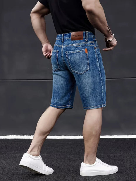 Wthinlee Nuovi Jeans da Uomo Business Casual Elasticizzati Moda Classica Blu Nero Pantaloncini Estivi in Denim da Uomo Lunghezza al Ginocchio