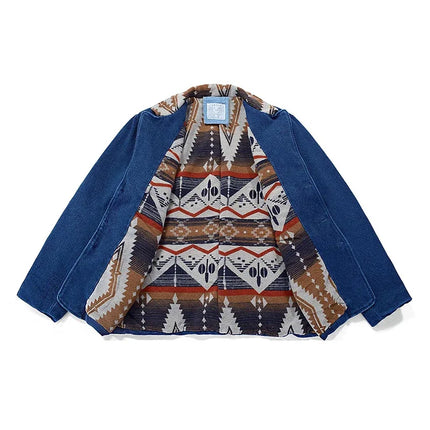 Men's Indigo Multi Pockets Jacket French Retro Blue Dye Lapel Thick Workwear Tooling Cardigan Coat plus Size for Autumn Winter