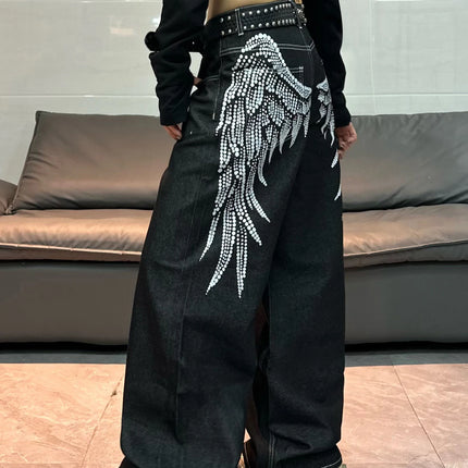 1 paio di jeans larghi con stampa Wing in stile retrò americano, pantaloni neri a gamba larga alla moda e versatili per donna