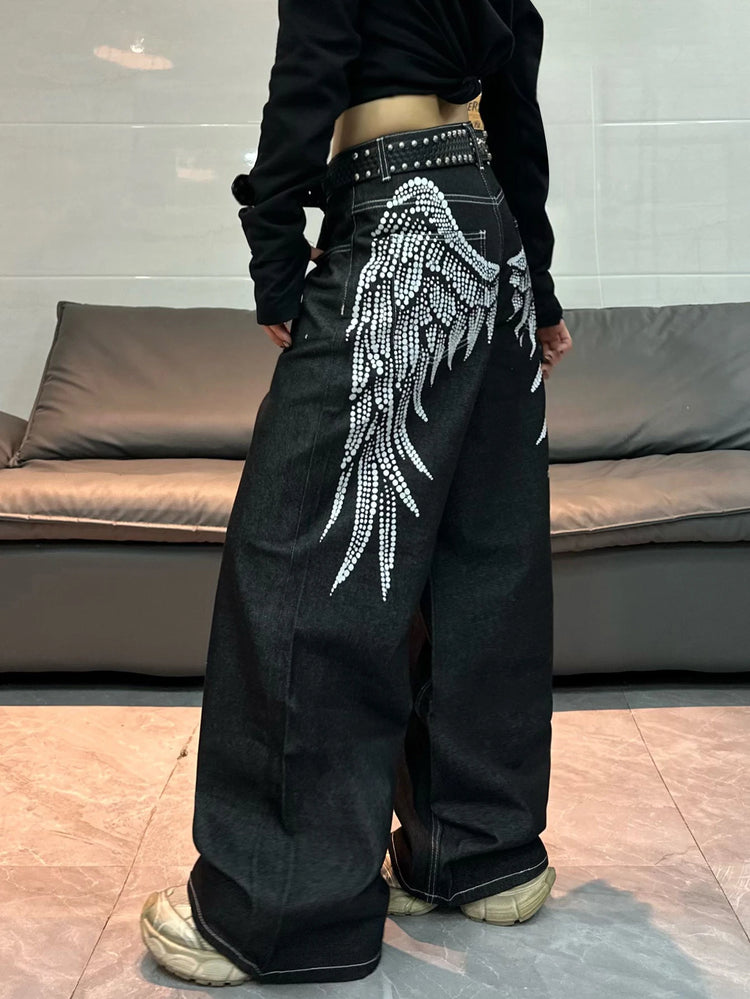 1 paio di jeans larghi con stampa Wing in stile retrò americano, pantaloni neri a gamba larga alla m