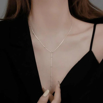 LATS Gold Color Double Layered Long Tassel Chain Necklaces for Women Simple Metal Geometric Bead Choker Necklace Fashion Jewelry PlatiNum