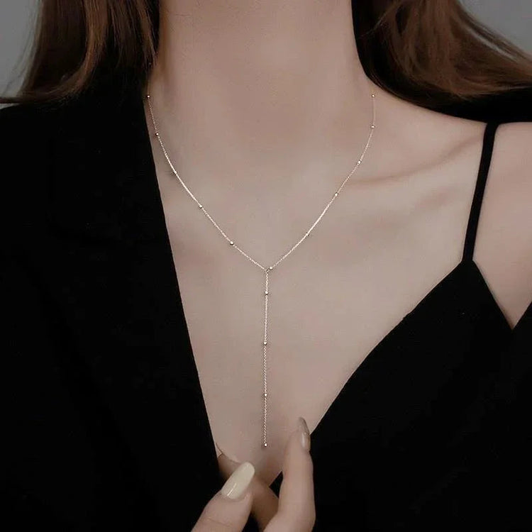 LATS Gold Color Double Layered Long Tassel Chain Necklaces for Women Simple Metal Geometric Bead Choker Necklace Fashion Jewelry PlatiNum