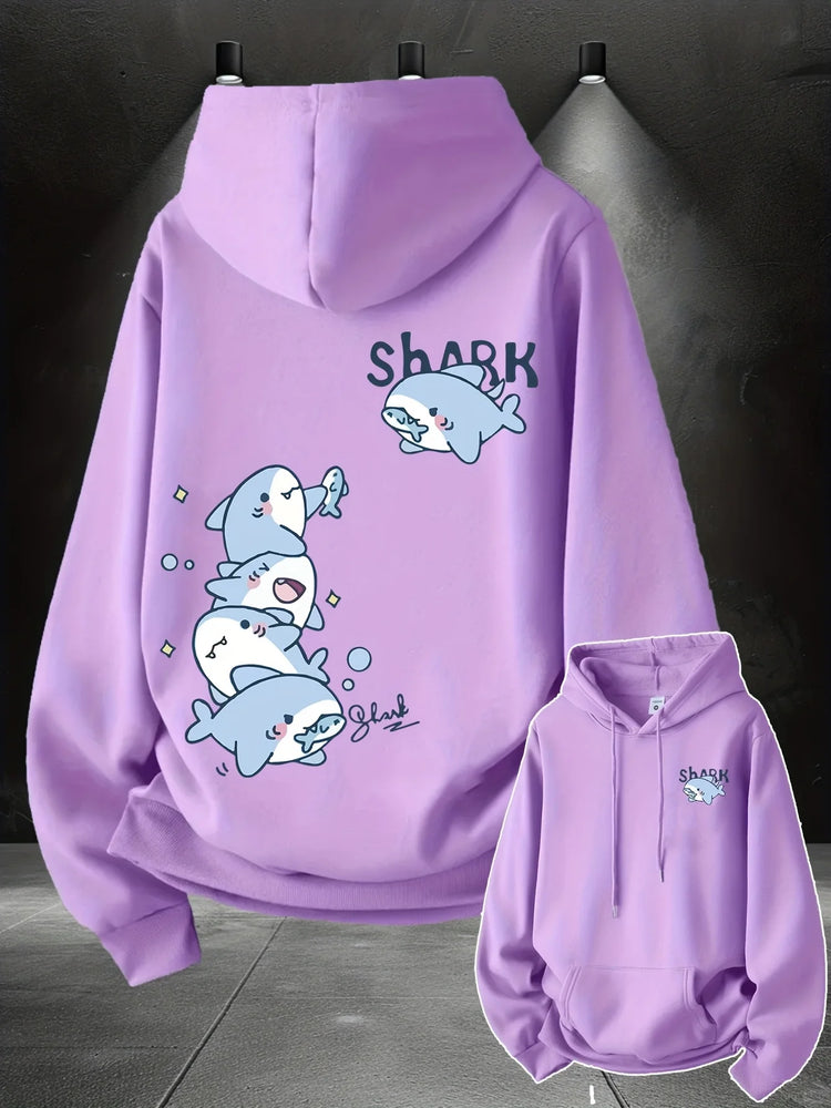 2026 Hoodie men's cute stacked cartoon shark pattern print autumn and winter loose casual pullover sweatshirt