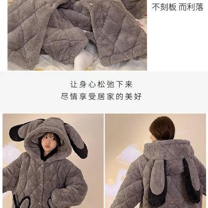 Women Winter Thickened Fleece Bathrobe Can Be Worn Outside Girls Student Hoodie Loose Pajama Two-piece Set Lady Warm Loungewear