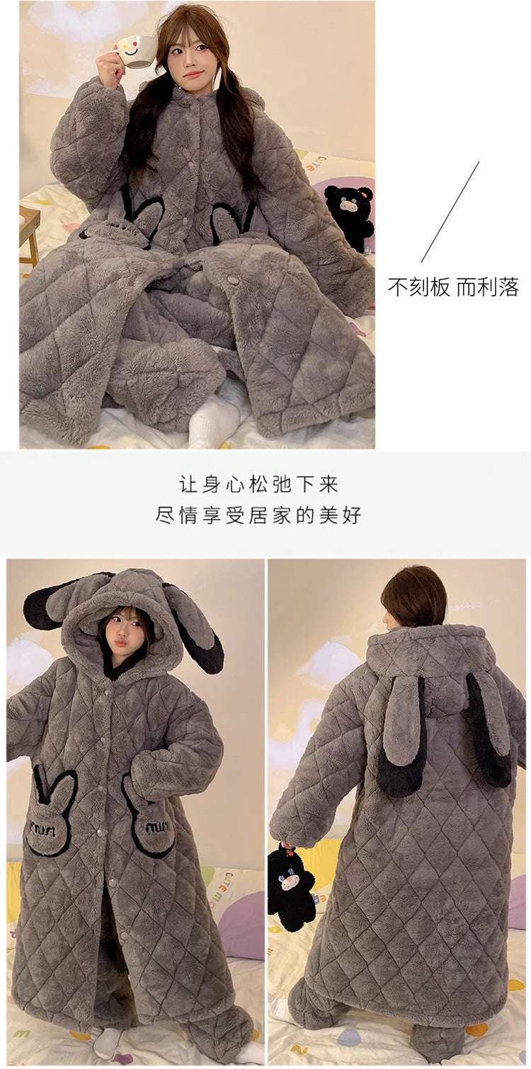 Women Winter Thickened Fleece Bathrobe Can Be Worn Outside Girls Student Hoodie Loose Pajama Two-piece Set Lady Warm Loungewear