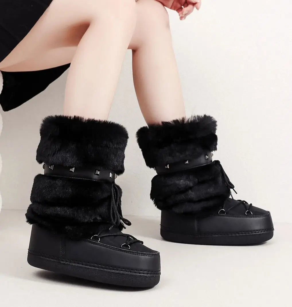 Women's Furry Boots New Warm Skiing Winter Boots Women Space Boots Trendy Ladies Winter Shoes Non-slip Girls Snow Boots