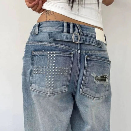Jeans Estivi da Donna Lavati e Distressed con Strass, Stile American Vintage Y2K Street Style, Gamba Larga Dritta e Morbida