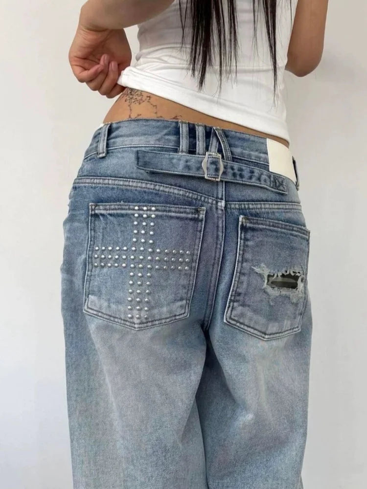 Jeans Estivi da Donna Lavati e Distressed con Strass, Stile American Vintage Y2K Street Style, Gamba Larga Dritta e Morbida
