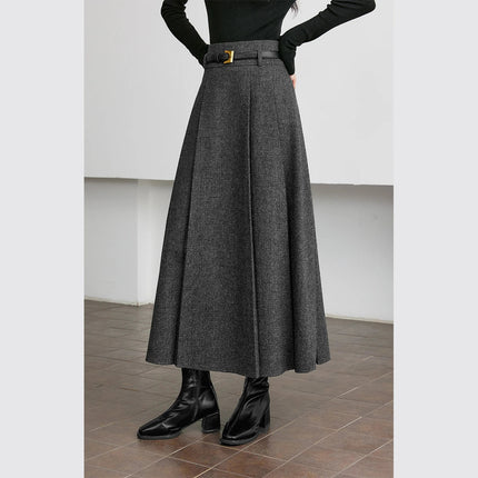 VIMLY Elegant Wool Blend Pleated Maxi Skirt for Women 2025 Winter High Waist Stereo Heavy Duty Skirt Office Lady Clothes M9173 PlatiNum