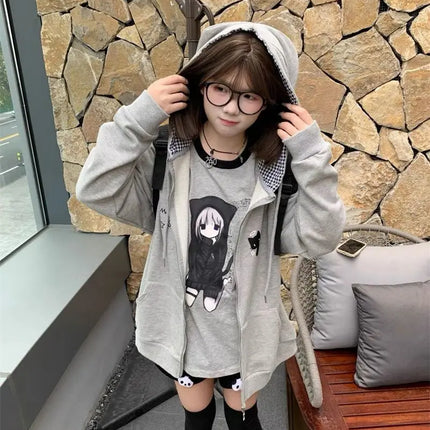 Zipper Hoodie Gothic Cartoon Kawaii Cat Ear Y2k Jacket Zip Up Thin Coat Spring Autumn Cute Core 2000s Clothes Fall Sweatshirts