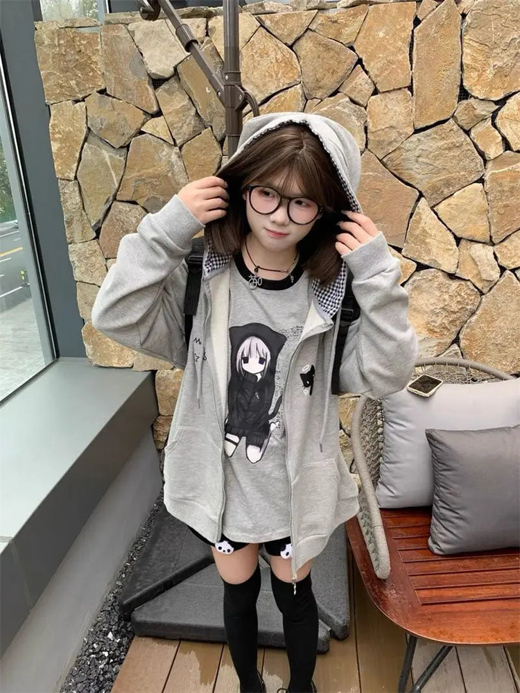 Zipper Hoodie Gothic Cartoon Kawaii Cat Ear Y2k Jacket Zip Up Thin Coat Spring Autumn Cute Core 2000s Clothes Fall Sweatshirts