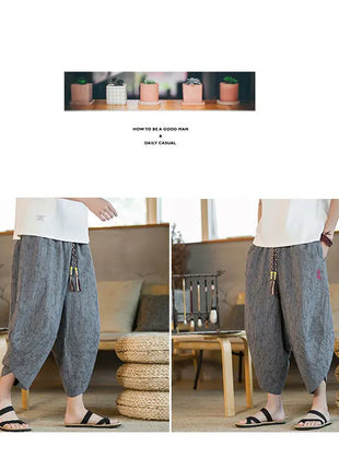 Kimono giapponese Pantaloncini tradizionali Pantaloni asiatici da uomo Samurai giapponese Pantaloni larghi da uomo in lino Yukata casual allentati