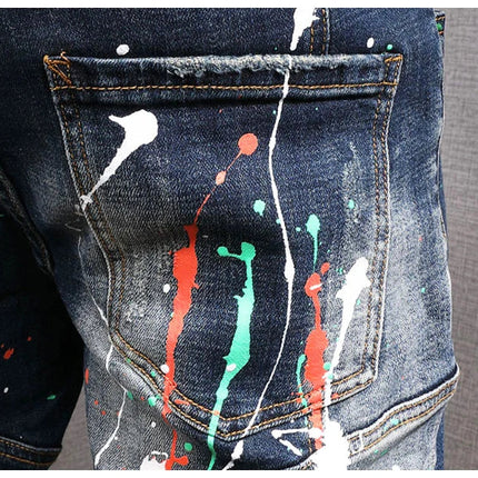 Fashion Streetwear Men Jeans Retro Black Blue Elastic Slim Fit Ripped Jeans Men Spliced Designer Embroidery Hip Hop Denim Pants PlatiNum