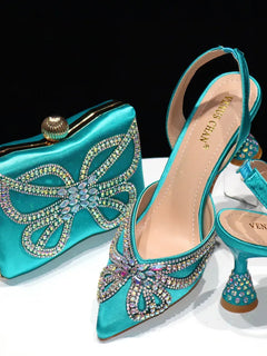 Venus Chan New Elegant Green Bling Bow décolleté con punta a punta per le donne 2024 Party italian strass scarpe e borse set coordinato