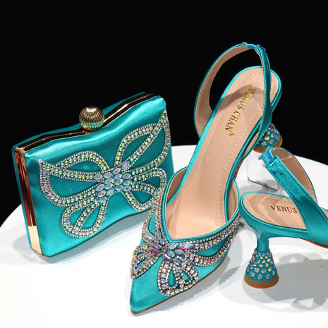 Venus Chan New Elegant Green Bling Bow décolleté con punta a punta per le donne 2024 Party italian strass scarpe e borse set coordinato