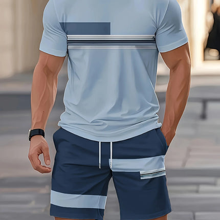 2026 Summer New Arrival Men's Casual Two-piece Set 2026 Striped Print Short Sleeve Shirt and Sports Shorts Men's Fitness Set