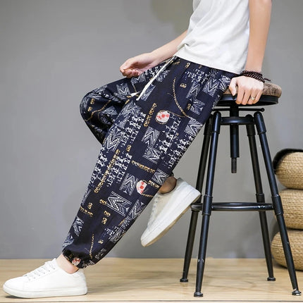 Pantaloni Primavera-Estate da Uomo in Stile Cinese, Sottili e Traspiranti in Cotone e Lino, con Vita Elastica, Pantaloni Harem Stampati Casual e Comodi