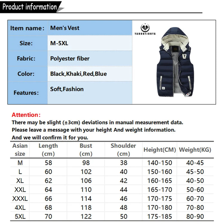 New Men Spring Sleeveless Warm Detachable Hooded Vest Jackets Men Autumn Solid Color Outdoors Windproof Casual Fashion Vest Male