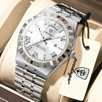 POEDAGAR Fashion Male Clock Luminous Waterproof Week Date Creative Men Watch Stainless Steel Quartz Business Men's Watches Reloj