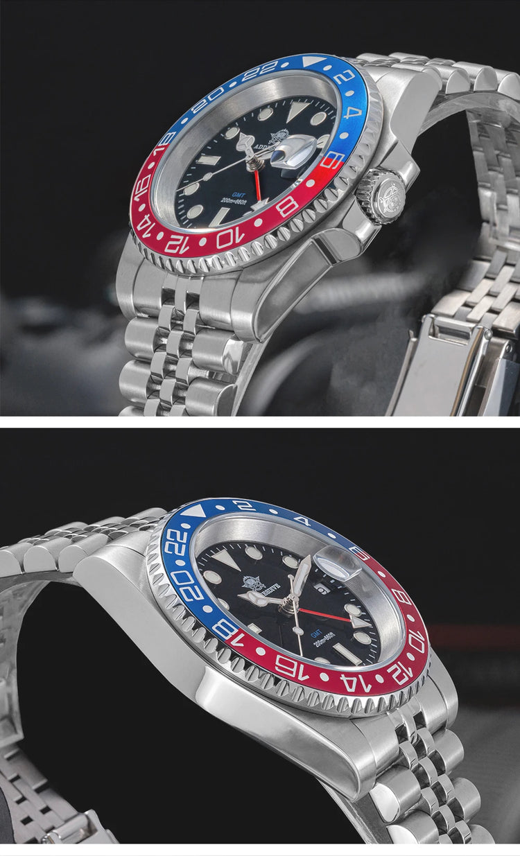 ADDIESDIVE AD2050 Luxury GMT Watch Stainless Steel Super Luminous 20Bar Water-Resistance Diving Men Quartz Watches Ceramic Bezel