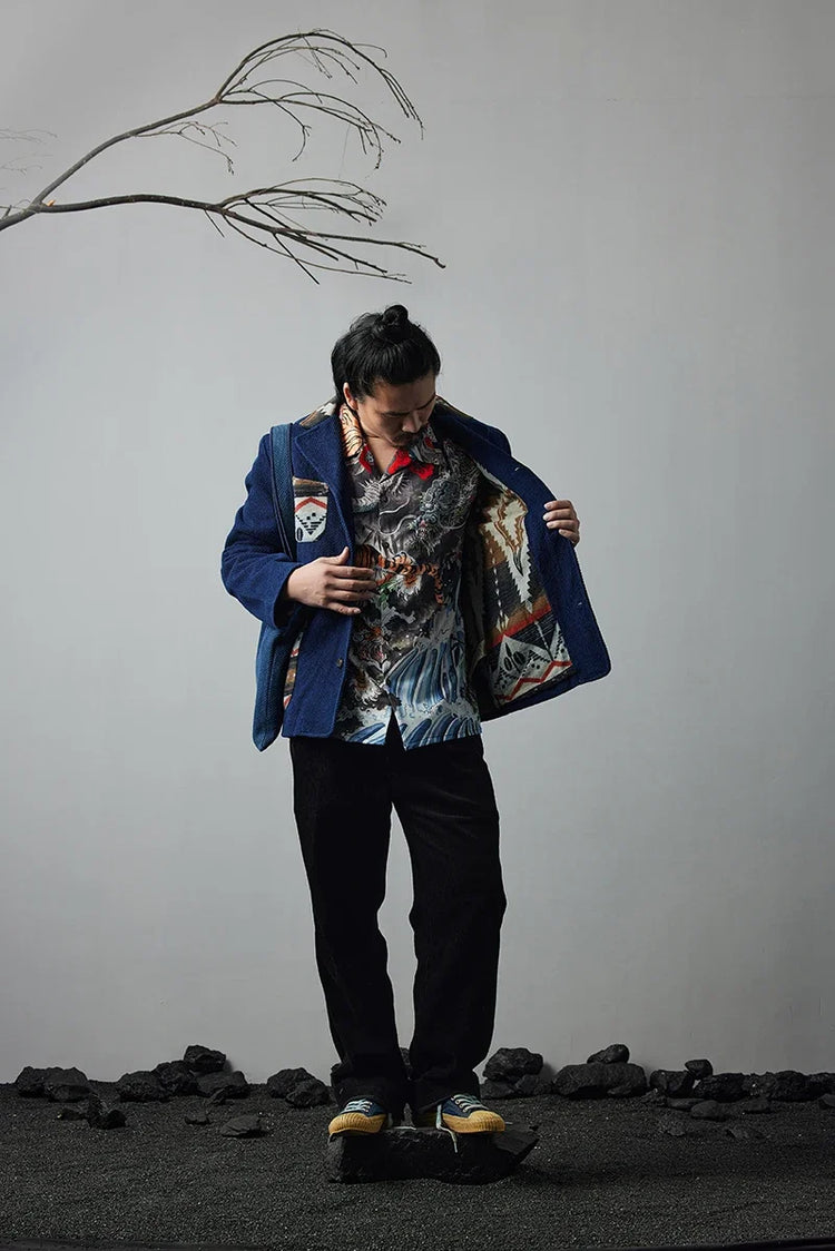 Men's Indigo Multi Pockets Jacket French Retro Blue Dye Lapel Thick Workwear Tooling Cardigan Coat plus Size for Autumn Winter
