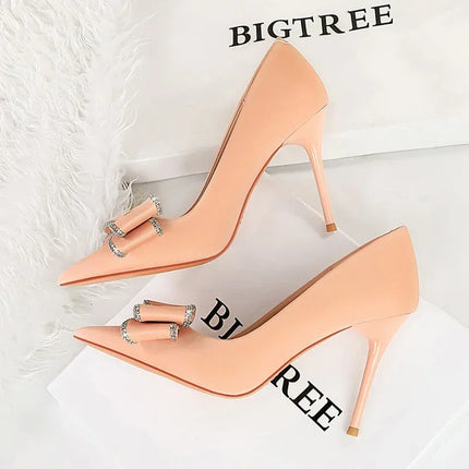 BIGTREE New Fashion Women Dress Shoes 10cm tacchi alti Shallow Toe Crystal Butterfly Knots Lady Red Silk Shoes taglia 34-40