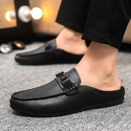 Mezze pantofole da uomo in pelle estiva Scarpe casual da uomo traspiranti Scarpe da guida pigre slip-on Comode mocassini da passeggio Mocassini