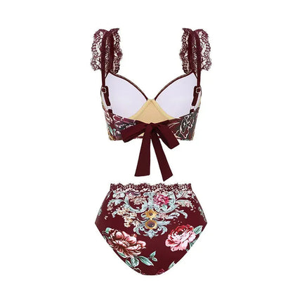 Costume da bagno vintage da donna sexy, bikini o intero, con stampa peonia, scollo a V, push-up, modellante, per la spiaggia platinumshop
