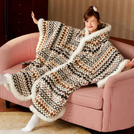 New Cute Blanket Hooded Cloak Coral Velvet Pajamas Women's Autumn Winter Thickened Robe Blanket Multifunctional Thermal Products