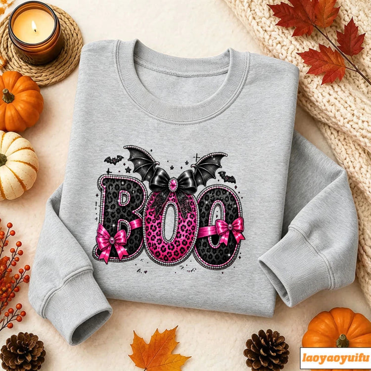 Boo Pink Leopard Print Bow Bat Wings Glitter Graphic Print Pullover Long Sleeve Casual Loose Streetwear Fashion Sweatshirts Tops