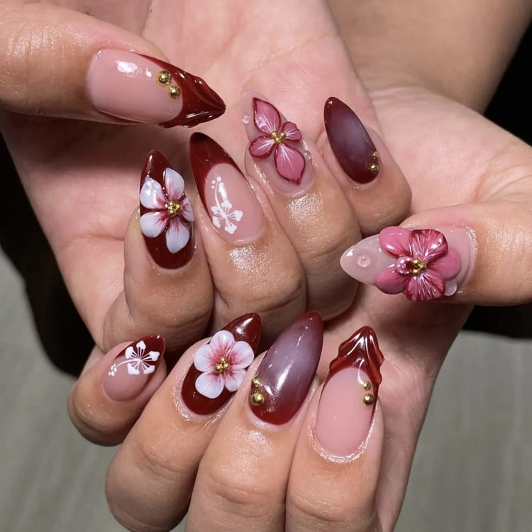 24pcs Pink Flower Almond Press on Nails Kawaii False Nails Wearable Stick-on Nails Fake Nail Uñas Postizas Накладные Ногти 네일팁2028