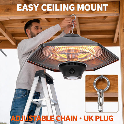 2000W Ceiling Patio Heater with LED Light, Dual Carbon Fiber Tube 3 Speed Adjustable Power Steel Shell Electric Infrared Heater, Touch & Remote Control, 50cm Hanging Chain for Outdoor Indoor Use
