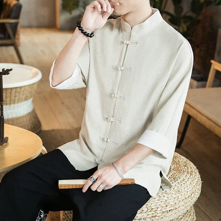 Camicia stile cinese da uomo Tang Suit Lino Kung Fu Cardigan maschile allentato Top Ricamo retrò Camicie kimono samurai giapponesi Streetwear