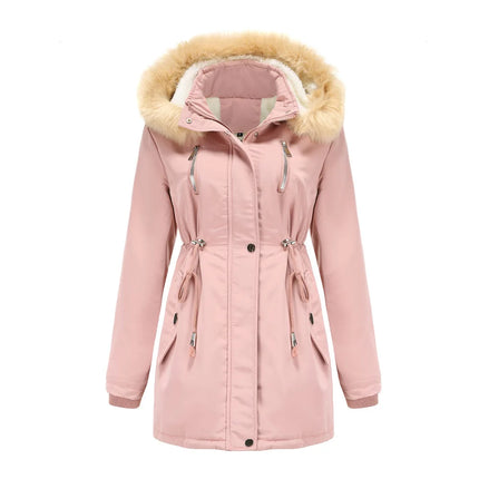 Women's Winter Coat Warm Fleece Lined Parka Detachable Faux Fur Hood Padded Jacket Slim Waist Thick Sherpa Loose Cotton Outwear
