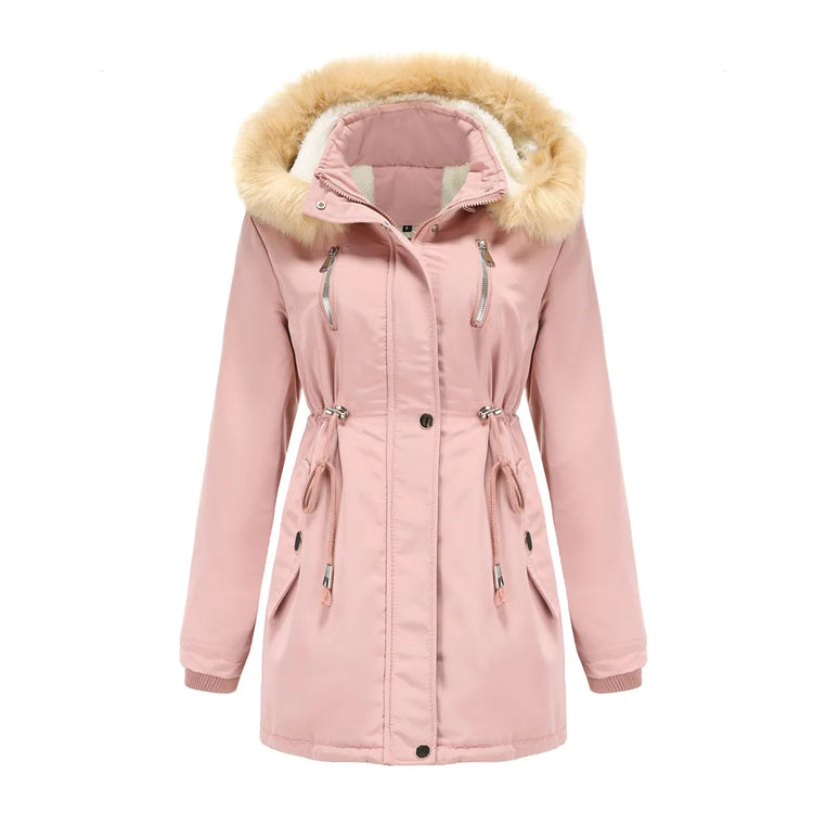 Women's Winter Coat Warm Fleece Lined Parka Detachable Faux Fur Hood Padded Jacket Slim Waist Thick Sherpa Loose Cotton Outwear