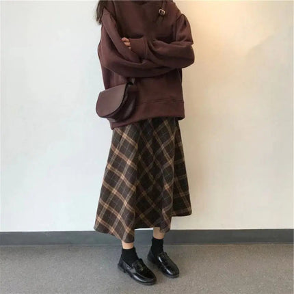Leisure High Waist Retro Plaid Skirt Slim Fit Classical High Waist Long Skirt Aesthetic Preppy Style A-line Half Dress Girls PlatiNum