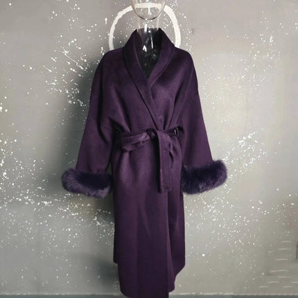 UCXQ Elegant Woolen Coat Temperament Office Lady Overcoats Fur Patchwork Long Sleeve Beautiful Women's Coats 2025 Winter New