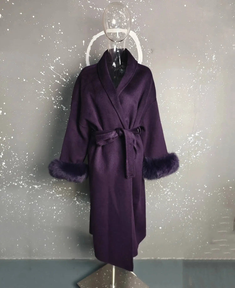 UCXQ Elegant Woolen Coat Temperament Office Lady Overcoats Fur Patchwork Long Sleeve Beautiful Women's Coats 2025 Winter New