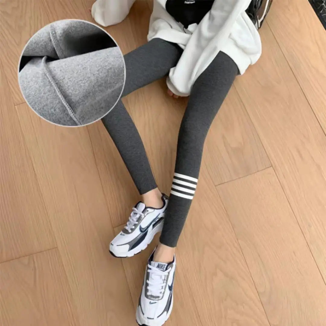 Autumn Winter Warm Thick Cotton Leggings for Women Fleece Lined Slim Fit Thermal Pants with Four Stripe Design