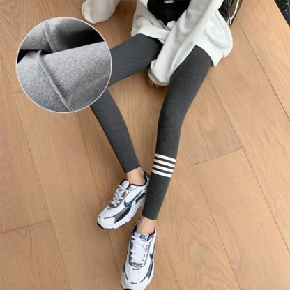 Autumn Winter Warm Thick Cotton Leggings for Women Fleece Lined Slim Fit Thermal Pants with Four Stripe Design