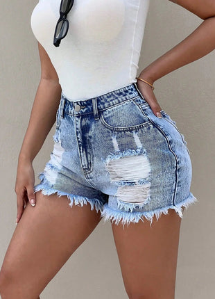 Fashionable and versatile high-waist distressed design denim shorts for 2025 summer. New style, loose-fitting and trendy shorts. PlatiNum