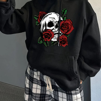 2025 Women'S Casual Skull and Roses Print Hooded Sweatshirt Warm Pullovers Casual Loose Sweatshirts Fashion Autumn Winter Hoodie