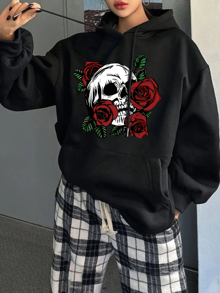 2025 Women'S Casual Skull and Roses Print Hooded Sweatshirt Warm Pullovers Casual Loose Sweatshirts Fashion Autumn Winter Hoodie