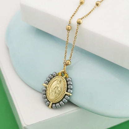 QMHJE Collana con ciondolo Vergine Maria Collana da donna con croce Girocollo Perline Catena in acciaio inossidabile Colore oro Boho Bianco Nero Rosa